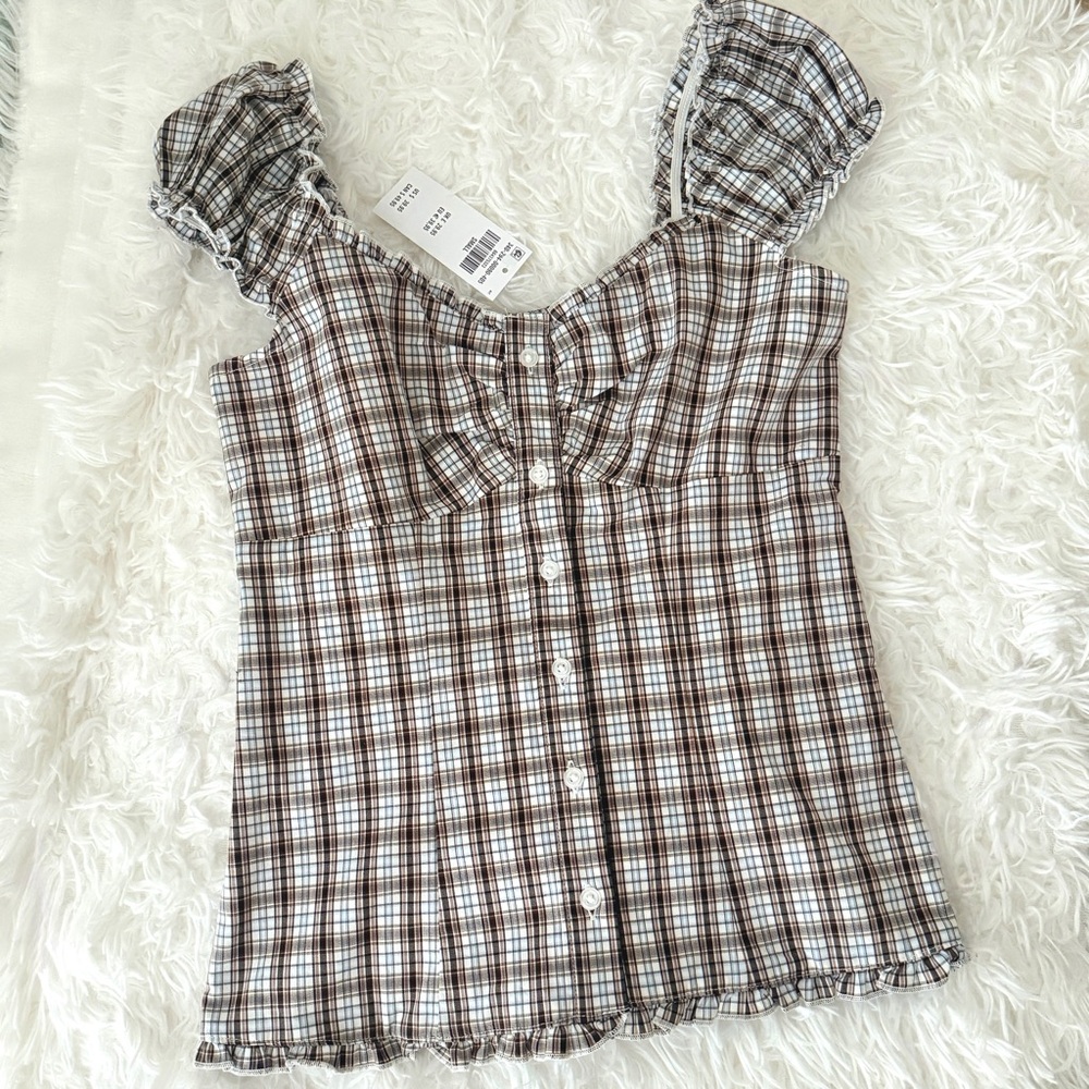 Hollister On/Off the Shoulder Poplin Blouse Brown Plaid NWT